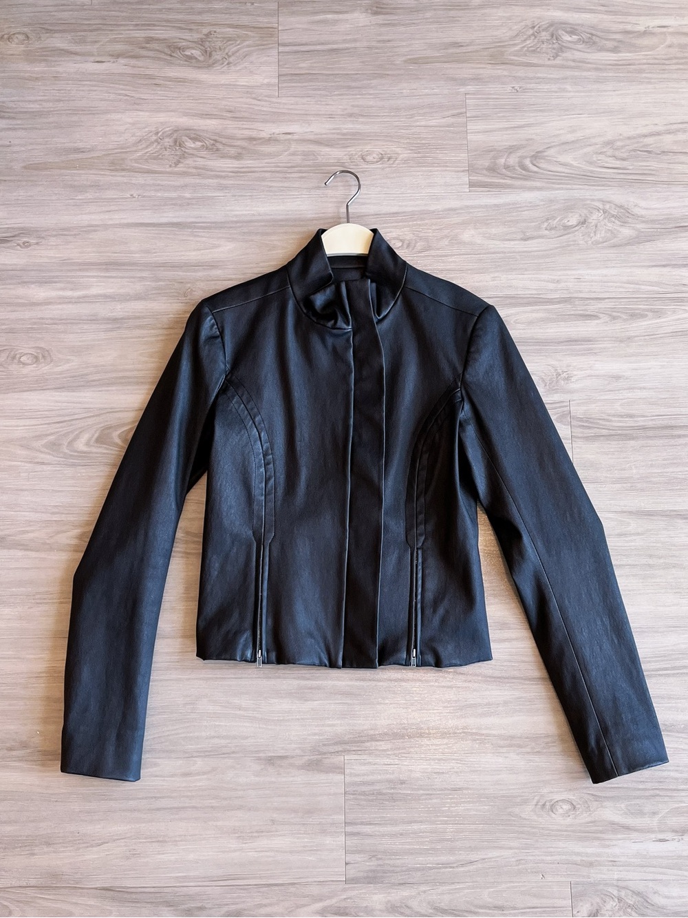 Theory Black Stand Collar Funnel Neck 100% Real Genuine Lamb Leather Zip Jacket